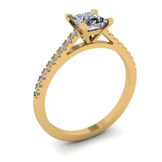 Princess Cut Scalloped Pave Engagement Ring Yellow Gold,  Enlarge image 4