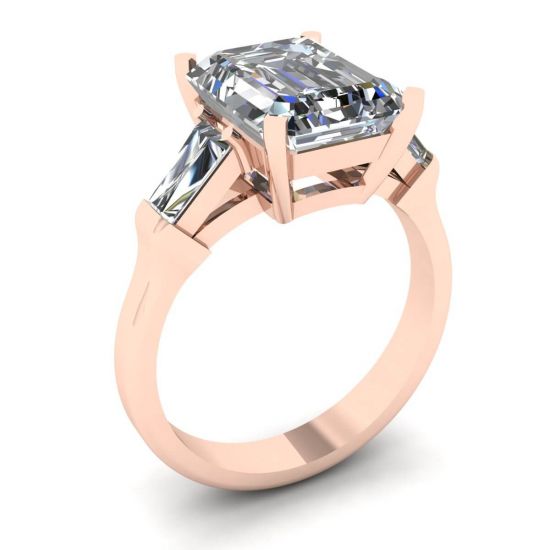 Three-Stone Emerald and Baguette Diamond Engagement Ring Rose Gold,  Enlarge image 4