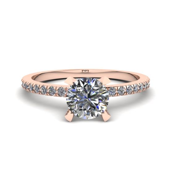 Classic Round Diamond Ring with thin side pave Rose Gold