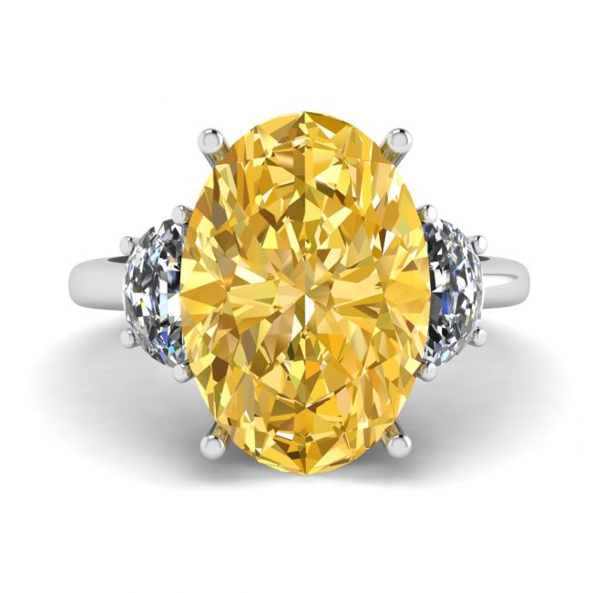 Oval Yellow Diamond with Side Half-Moon White Diamonds Ring White Gold