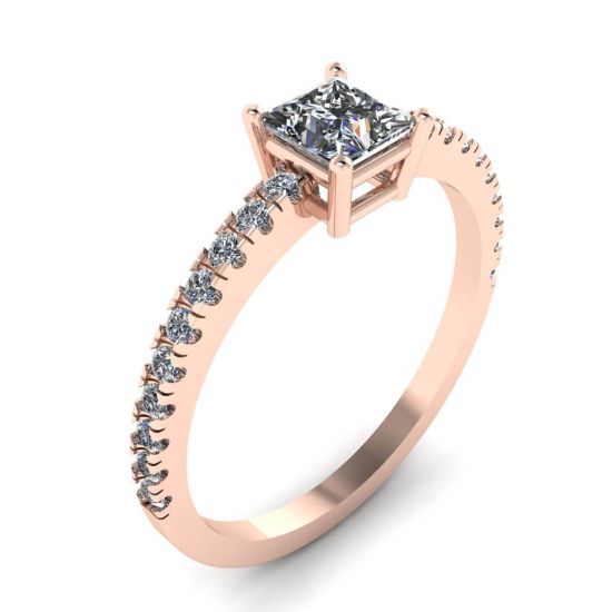 Princess Cut Diamond Ring with Side Pave in 18K Rose Gold,  Enlarge image 4