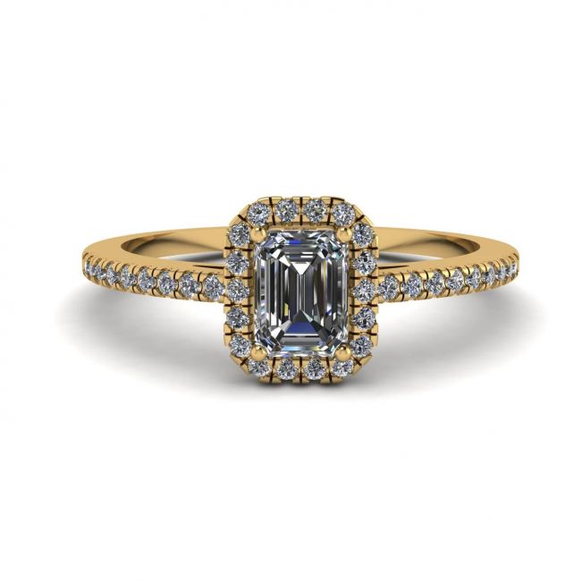 Emerald Cut Diamond Ring with Halo Yellow Gold