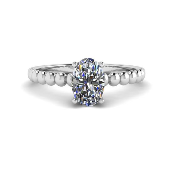 Oval Diamond on Beaded 18K White Gold Ring, Enlarge image 1