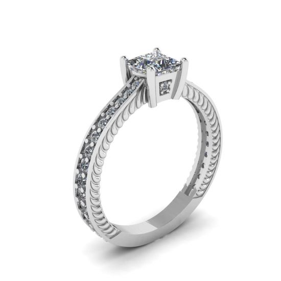 Oriental Style Princess Cut Diamond Ring with Pave,  Enlarge image 4