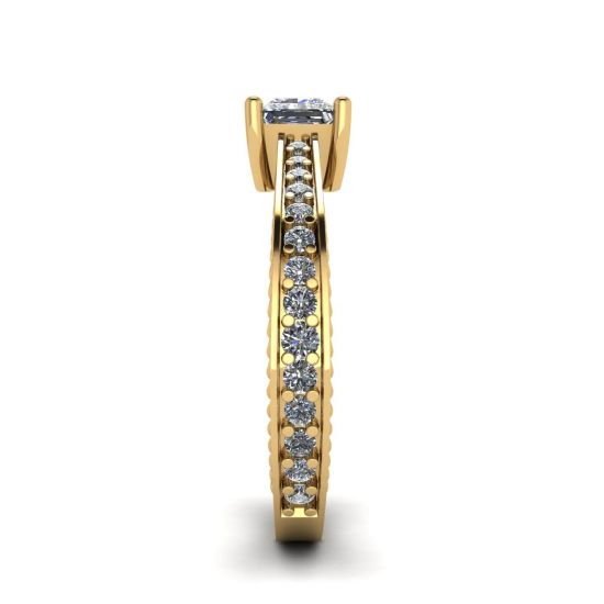 Oriental Style Princess Diamond Ring with Pave in 18K Yellow Gold,  Enlarge image 3