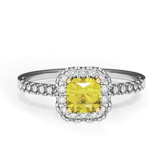 Cushion 1/2 ct Yellow Diamond Ring with Halo, Enlarge image 1