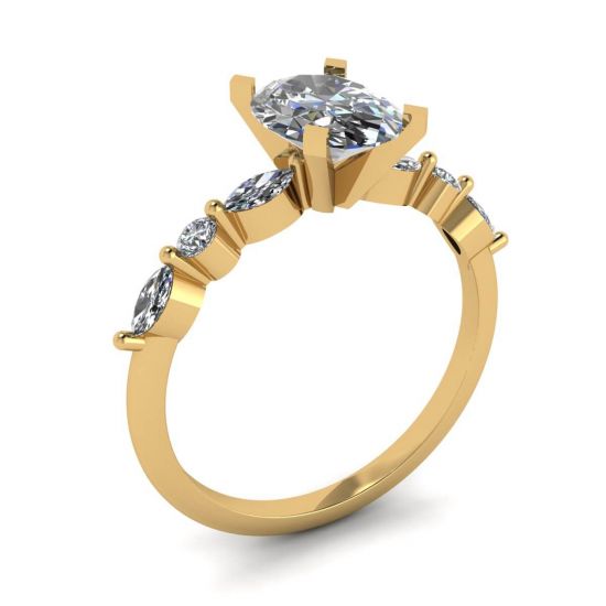 Oval Diamond Side Marquise and Round Stones Ring Yellow Gold,  Enlarge image 4