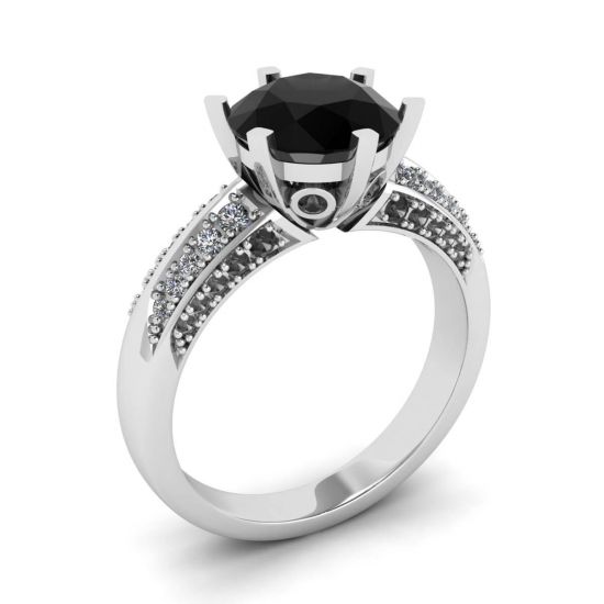 6-Prong Black Diamond with Duo-color Pave Ring White Gold,  Enlarge image 4