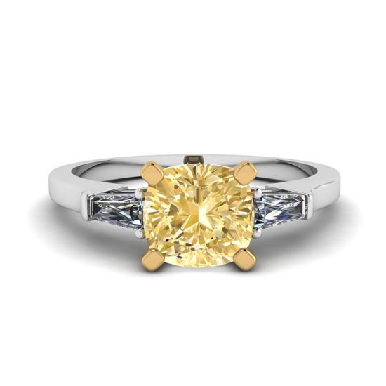 Cushion Yellow Diamond with White Baguettes Ring, Image 1