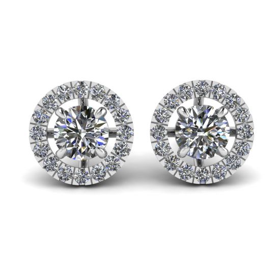 Round Diamond Halo Stud Earrings in 18K White Gold, Enlarge image 1