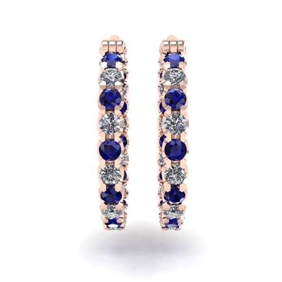Diamond and Sapphire Hoop Earrings Rose Gold,  Enlarge image 2
