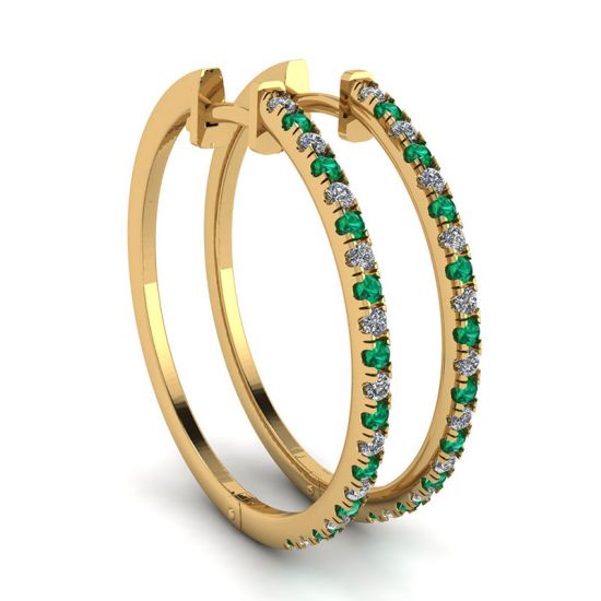 Diamond and Emerald Hoop Earrings Yellow Gold, Image 1