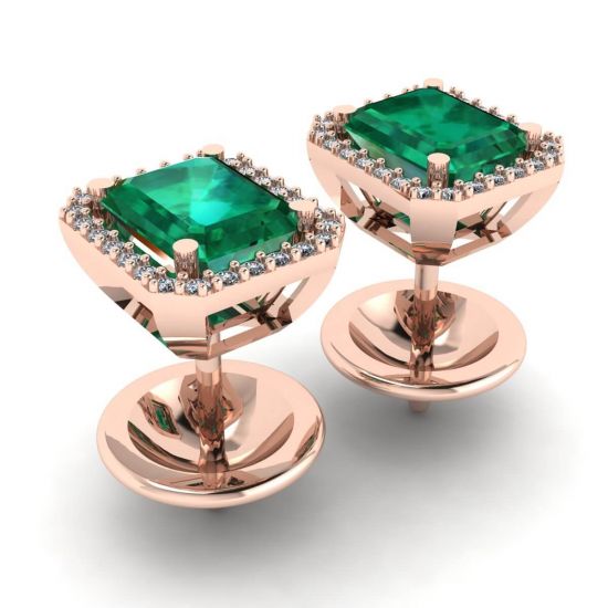 2 carat Emerald with Diamond Halo Stud Earrings Rose Gold,  Enlarge image 3