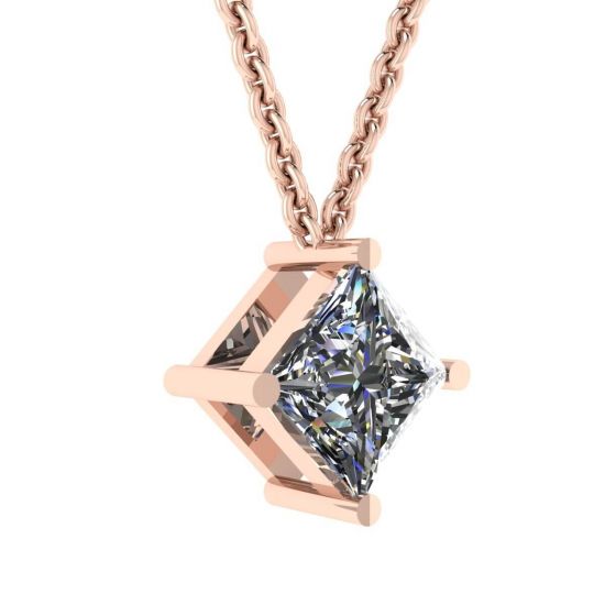 Rhombus Princess Cut Diamond Solitaire Necklace Rose Gold, More Image 0