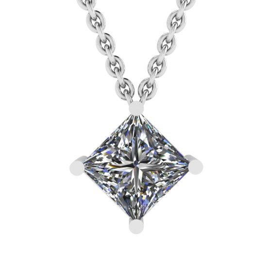 Rhombus Princess Cut Diamond Solitaire Necklace White Gold